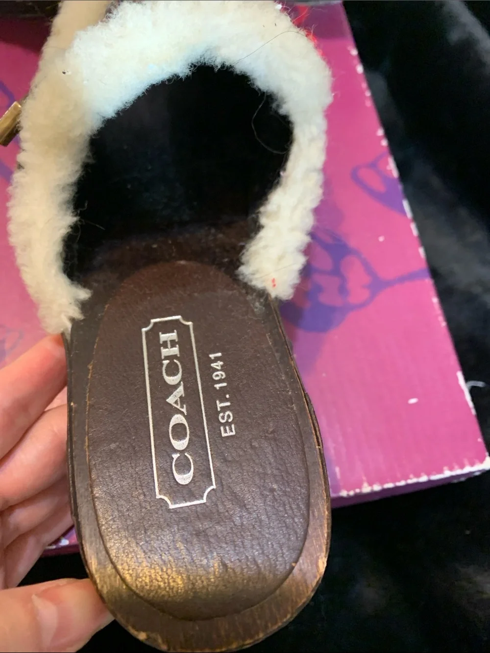 Coach Brown and Cream Signature Shearling Mule Slides